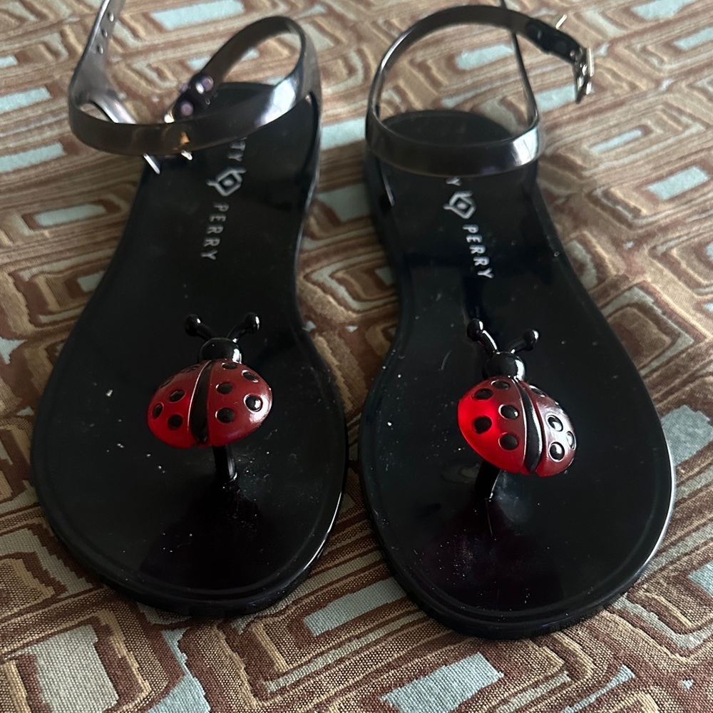 Katy Perry Black Sandals with Red Ladybug Design